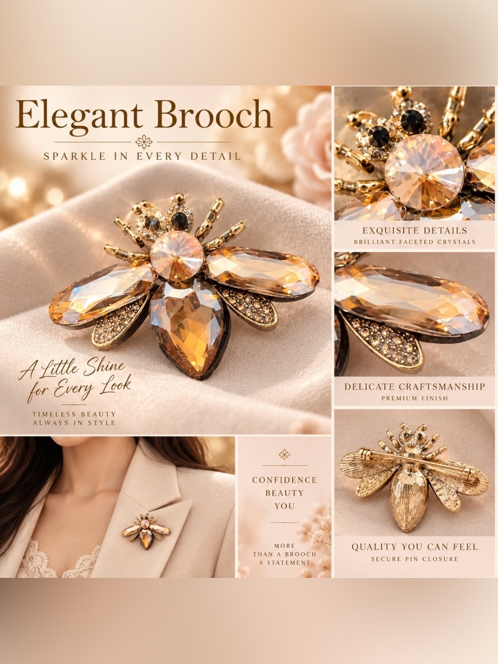 Elegant Gold Crystal Bee Brooch